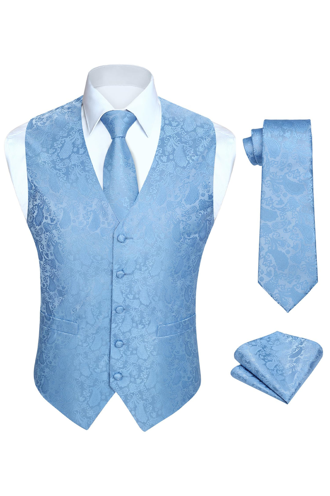 HISDERN Herren FLoral Hochzeit Weste Krawatte Einstecktuch Taschentuch Jacquard Weste Anzug Set 5XL