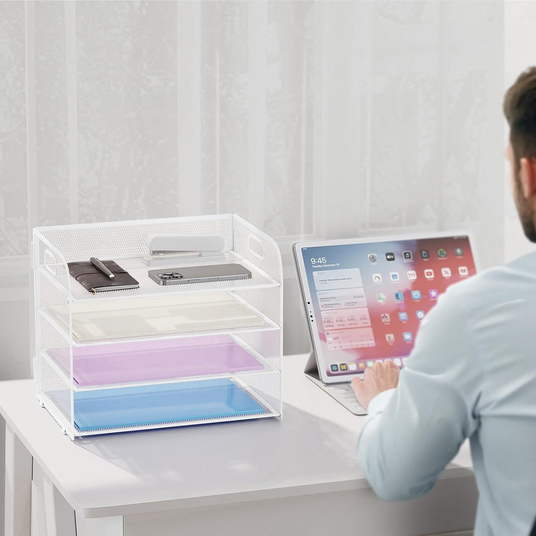 Marbrasse Schreibtisch Ablagen Organizer,4-Stufige Brief Papier Ablage mit Griff,Metall Gitter Desig