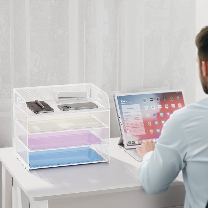 Marbrasse Schreibtisch Ablagen Organizer,4-Stufige Brief Papier Ablage mit Griff,Metall Gitter Desig
