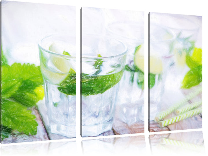 Pixxprint Mojito-Gläser mit Minze / 3-Teilig/Gesamtmass 120cm Leinwandbild bespannt auf Holzrahmen/W