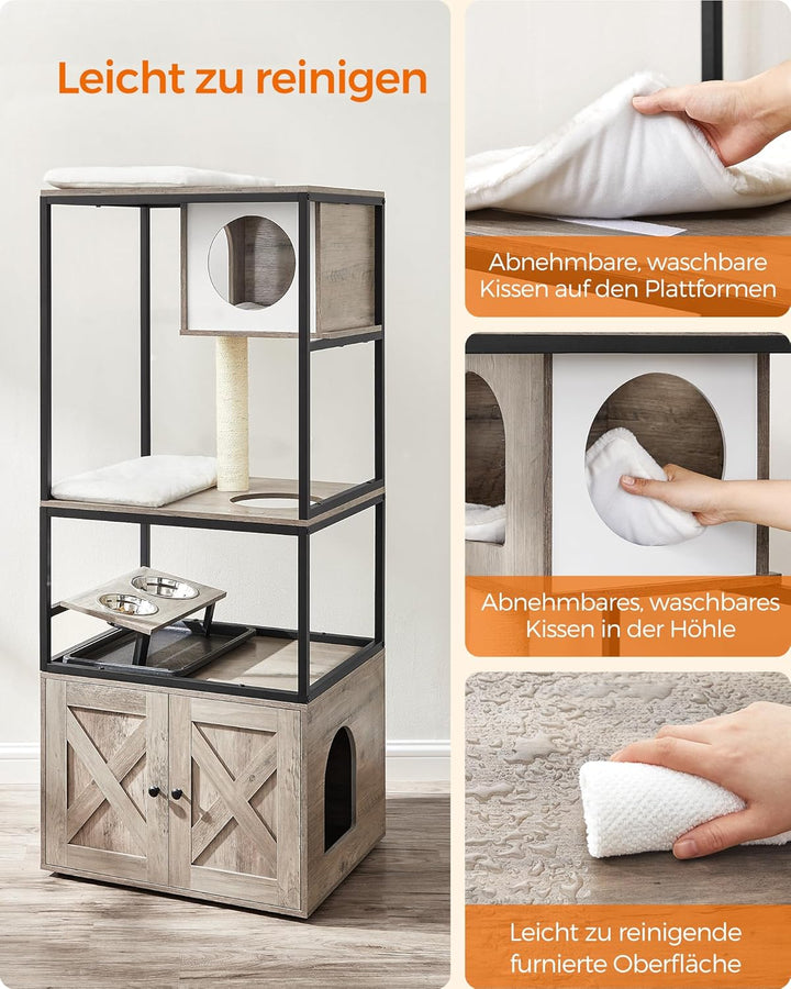 Feandrea Kratzbaum, Katzenbaum, Katzenhaus mit Katzenklo-Schrank, erhöhter Napfständer, Sisalstamm,