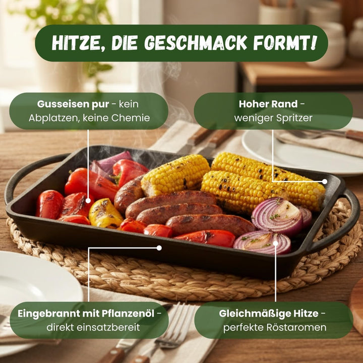 KITCHENBEAR - Grillplatte aus Gusseisen inkl. Silikonmatte - geeignet für Induktion, Gas, Ceran, Bac