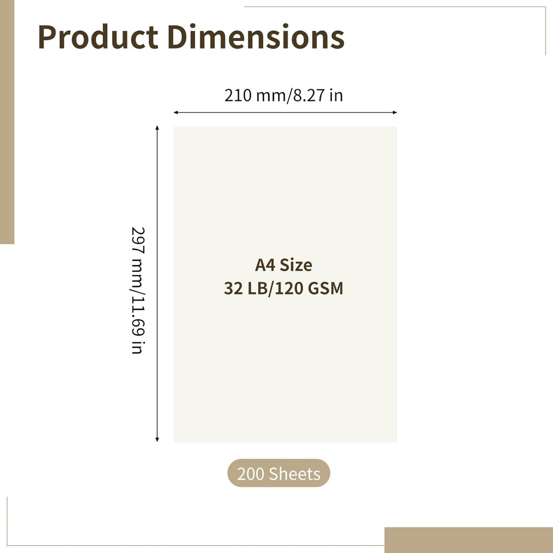 200 Blatt Druckerpapier, A4, 32 lb/120 g/m², cremefarbenes Kopierpapier, 8,27 x 11,69 Zoll, doppelse