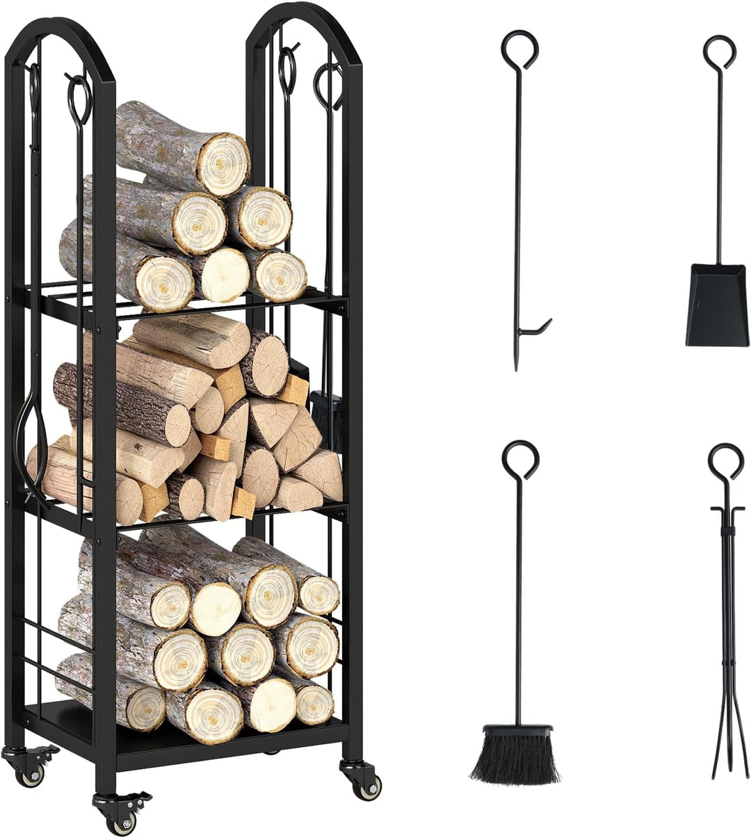 COSTWAY Kaminholzregal mit Rollen und 4 Kaminwerkzeugen, Brennholzregal für Innen und Aussen, Kaminh