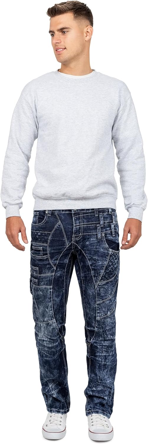 Herren Jeans – Extravagante Designer-Jeans mit Patchwork, Nieten & Kontrastnähten – Regular Fit, Den