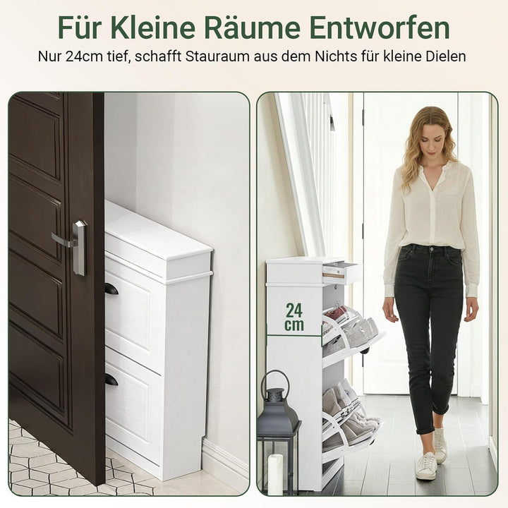 SoBuy Schuhschrank Schmal Weiss Holzoptik, Flurschrank Schmal mit Schublade, Schuhschrank Vintage, S