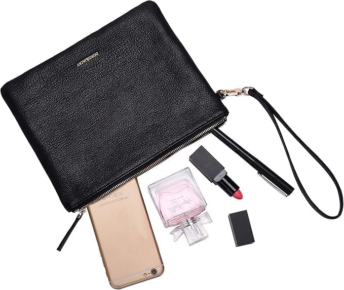 Doris&Jacky Damen Echtes Leder Clutch Schaffell Geldbörse Abendtasche mit Handschlaufe Braun-ziegenf