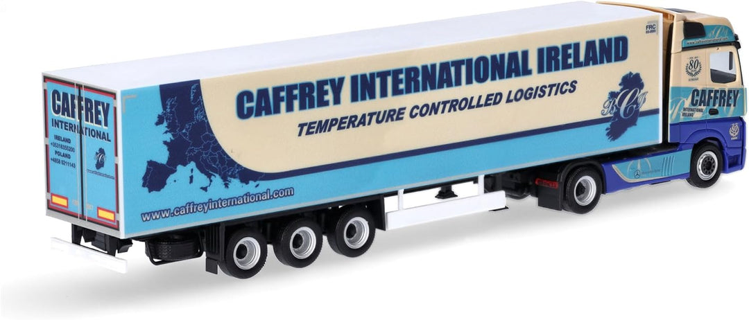 herpa LKW Modell Mercedes-Benz Actros 18 Bigspace Kühlkoffer-Sattelzug 80 Jahre Caffrey, Miniatur im