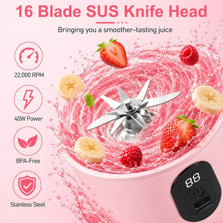 Tragbarer Mixer Smoothie Maker, 500 ml Mixer Smoothie Maker to Go mit Digitalanzeige, 16-Blatt Tragb