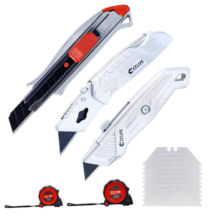 CCLIFE Cuttermesser Massband Set 7-teilig Aluminium Werkzeugset | 3 Aluminium-Cuttermesser Set für H