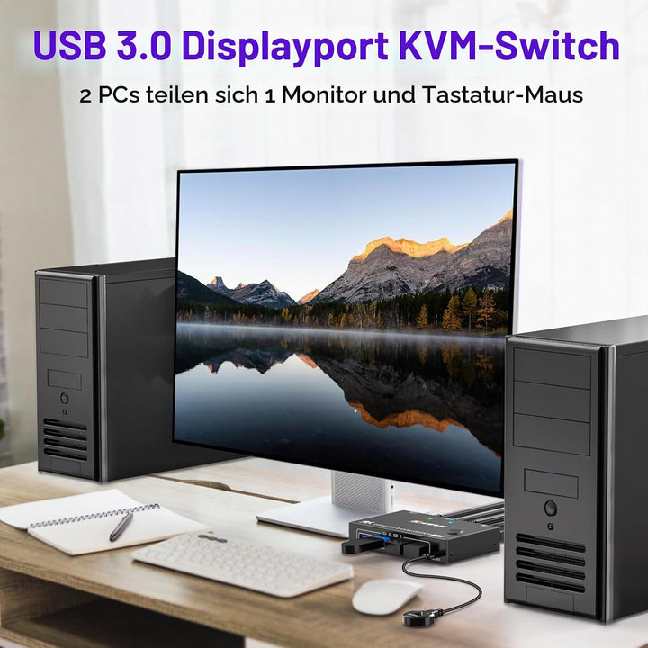 USB 3.0 KVM Switch Displayport 4K@144Hz, KVM Switch 2 PC 1 Monitor 8K@30Hz, DP KVM Switches for 2 PC