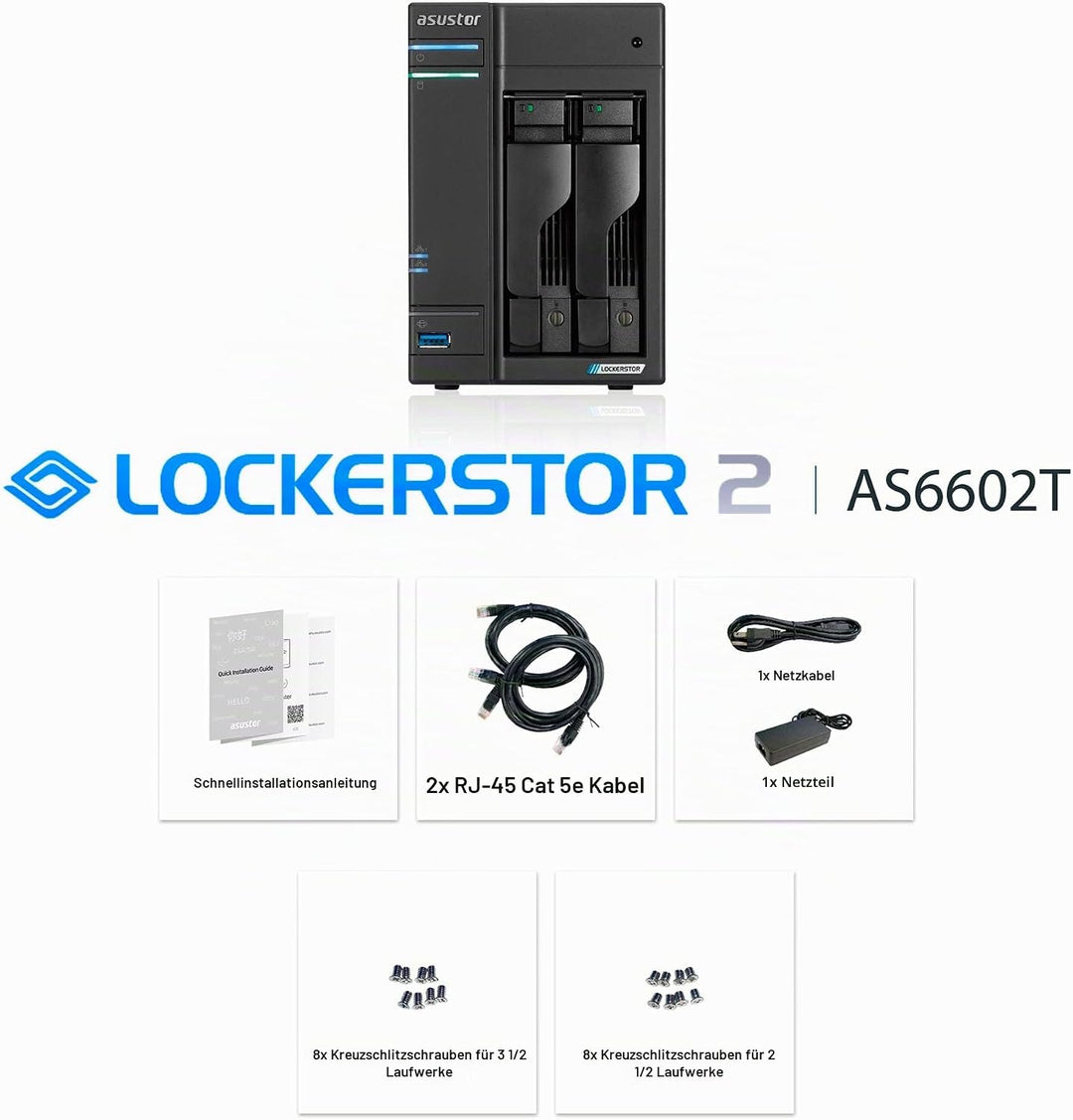 Asustor Lockerstor 2 AS6602T 2 Bay NAS - Netzwerkspeicher Gehäuse, Quad Core 2.0GHz CPU, 4GB RAM DDR