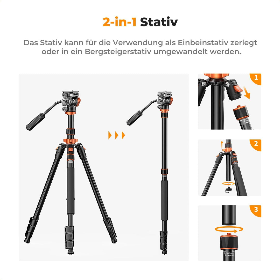 Kamera Stativ,K&F Concept Videostativ Video Tripod mit Fluidkopf,200cm Kamera Stativ, Tripod für unt