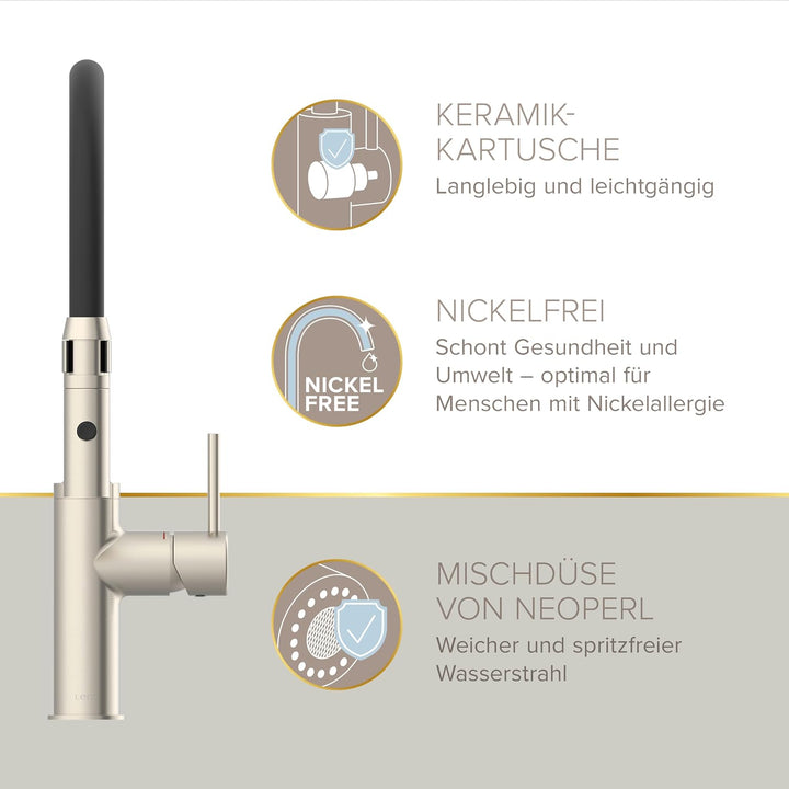 Lenz Küchenarmatur NALU in nickel-matt - flexible Geschirrbrause mit 2 Strahlarten - Zweistufige Was