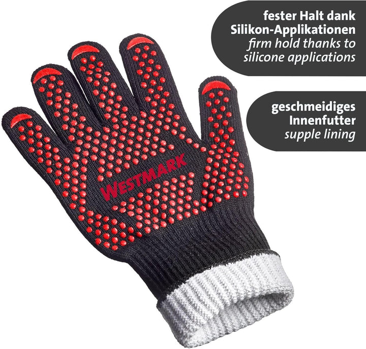 Westmark Grill-Set Feuerfeste Grillhandschuhe + 1 Grillzange – Ideal für sicheres Arbeiten am Grill,