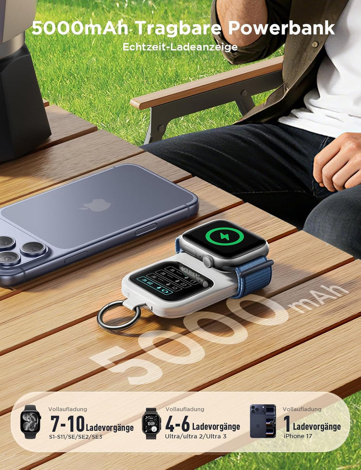 JOYROOM 5000mAh Mini Powerbank für Apple Watch 11 mit USB C Ladekabel,【LED-Display & Schlüsselanhäng