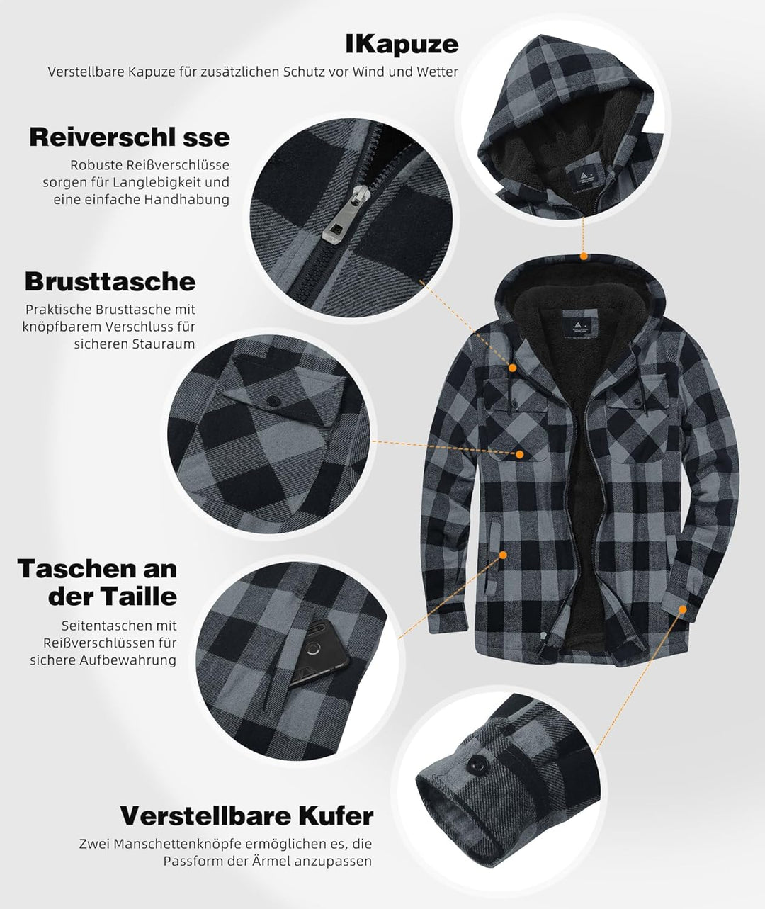 JACKETOWN Hemdjacke Kariertes Herren hoodies Flanelljacke Warm Thermohemd Herren Holzfäller Jacke Ve
