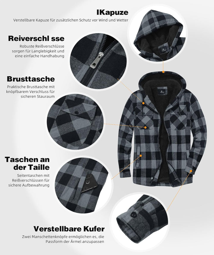 JACKETOWN Hemdjacke Kariertes Herren hoodies Flanelljacke Warm Thermohemd Herren Holzfäller Jacke Ve