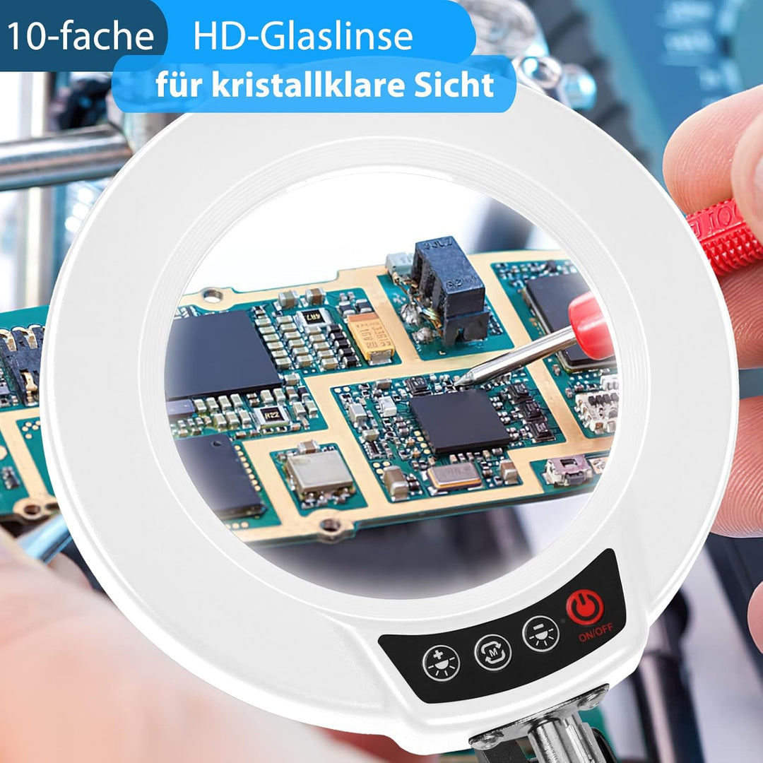 10X Lupe mit Licht und Klemme, LED Lupenlampe mit Glaslinse, 5 Farbmodi Stufenlosem Dimmen, Lupe mit