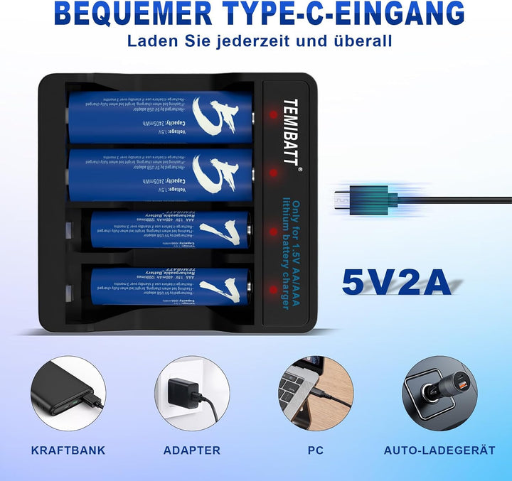1,5V Lithium Akku mit Ladegerät (Ladegerät + 4×AAA), Ladegerät + 4×AAA