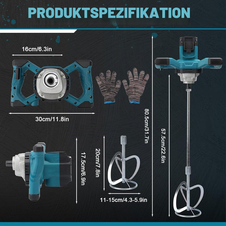 Akku Farbmörtelrührer Kompatibel mit Makita 18V Batterie, 3200W Rührwerk Mörtelrührer Zementrührer m