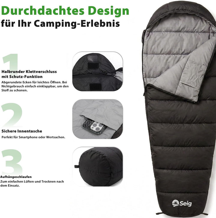Sekey Schlafsack Erwachsene, Mumienschlafsack mit Anti-Klemm-Reissverschluss, Wasserabweisend & Reis