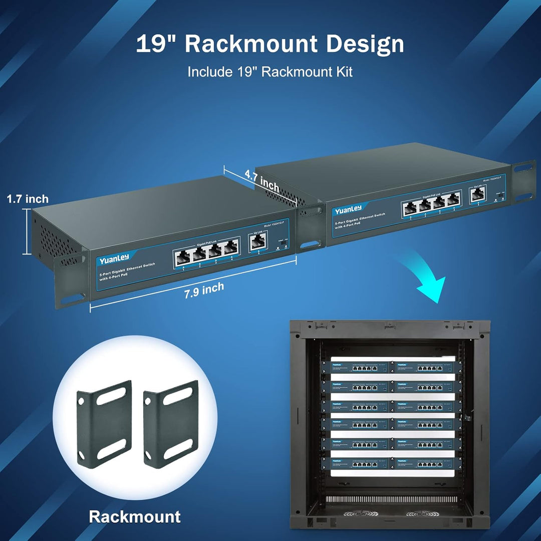 YuanLey 5 Port Gigabit PoE Switch with 4 Port PoE, 802.3af/at 78W Eingebaute Leistung, Lüfterloses,