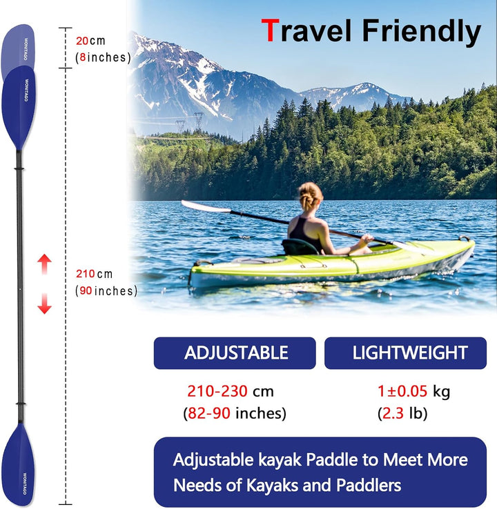 XUXIAKE Kajak Paddels Doppelpaddel mit Glasfaser Schaft und Nylon Klinge, Einstellbar 210-230 cm, 23