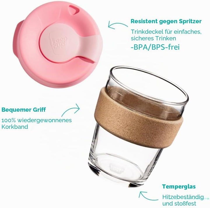 KeepCup Brew Cork, Mehrweg-Glasbecher, spritzwassergeschütz, Medium 12oz 340mls, Schwarz Medium 12oz