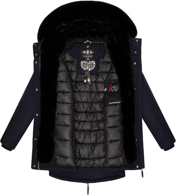 Navahoo Damen Warmer Winterparka mit doppelter Kunstpelz-Kapuze Sweety Deluxe XS-XXL XS Blau, XS Bla