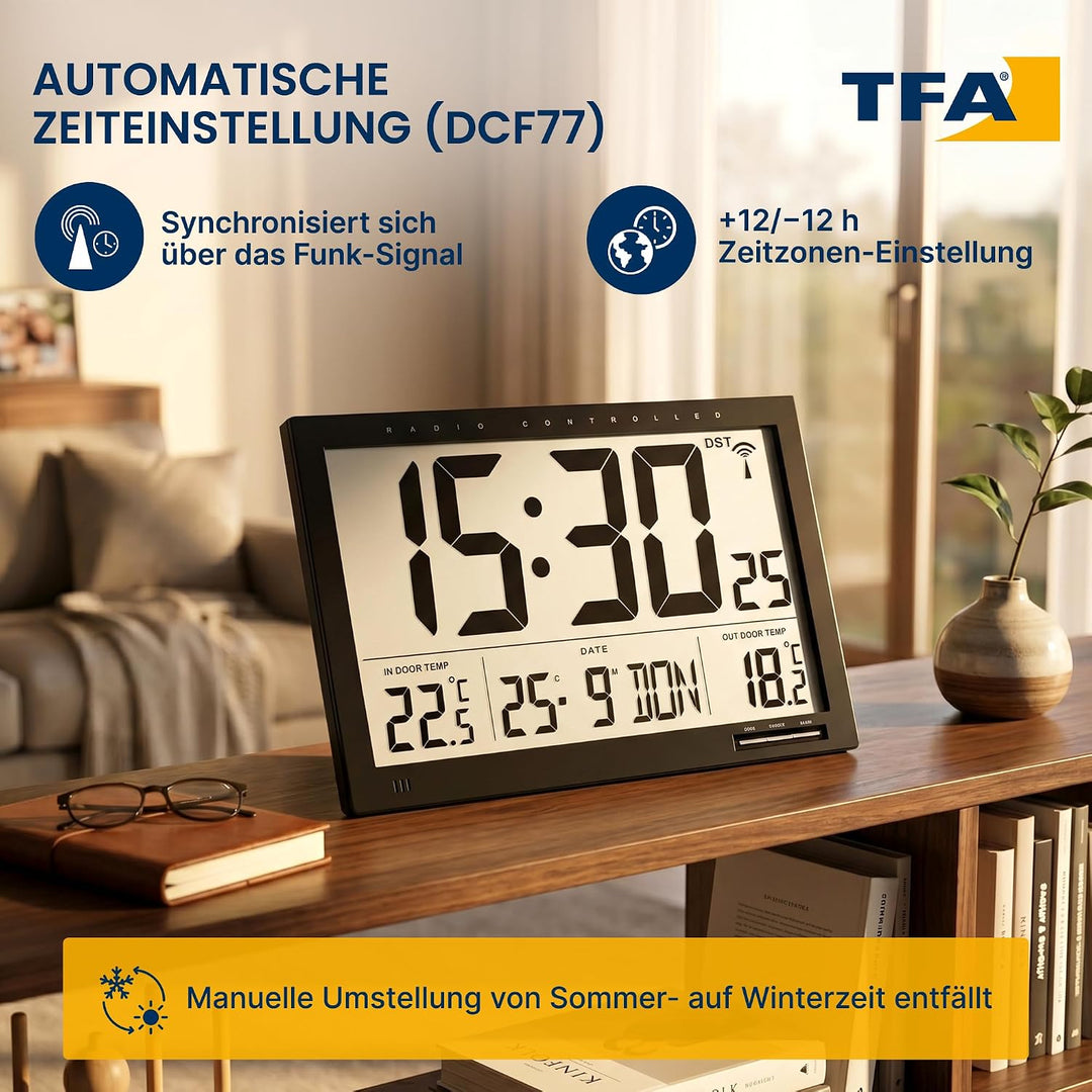 TFA Dostmann Digitale XL-Funkuhr, mit Aussen-und Innentemperatur, Wanduhr, gut ablesbar, schwarz, 60