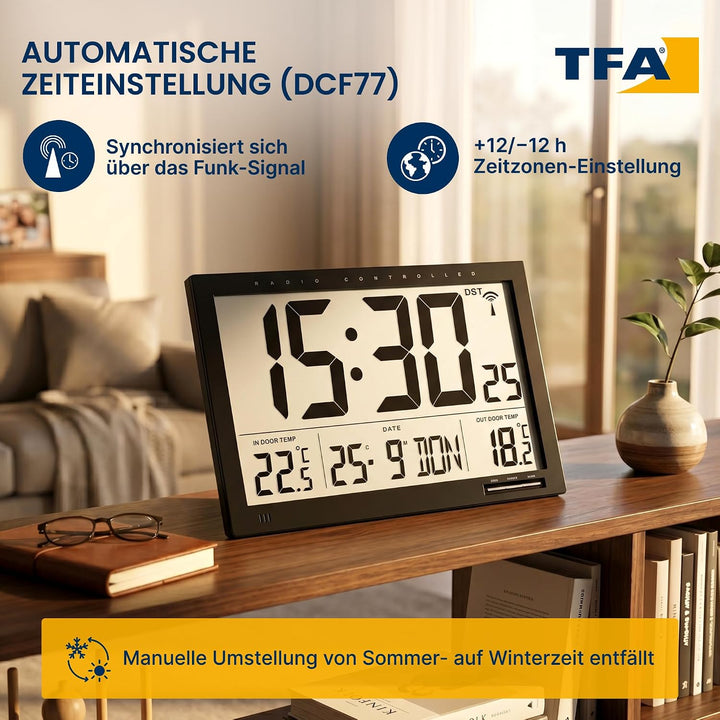 TFA Dostmann Digitale XL-Funkuhr, mit Aussen-und Innentemperatur, Wanduhr, gut ablesbar, schwarz, 60