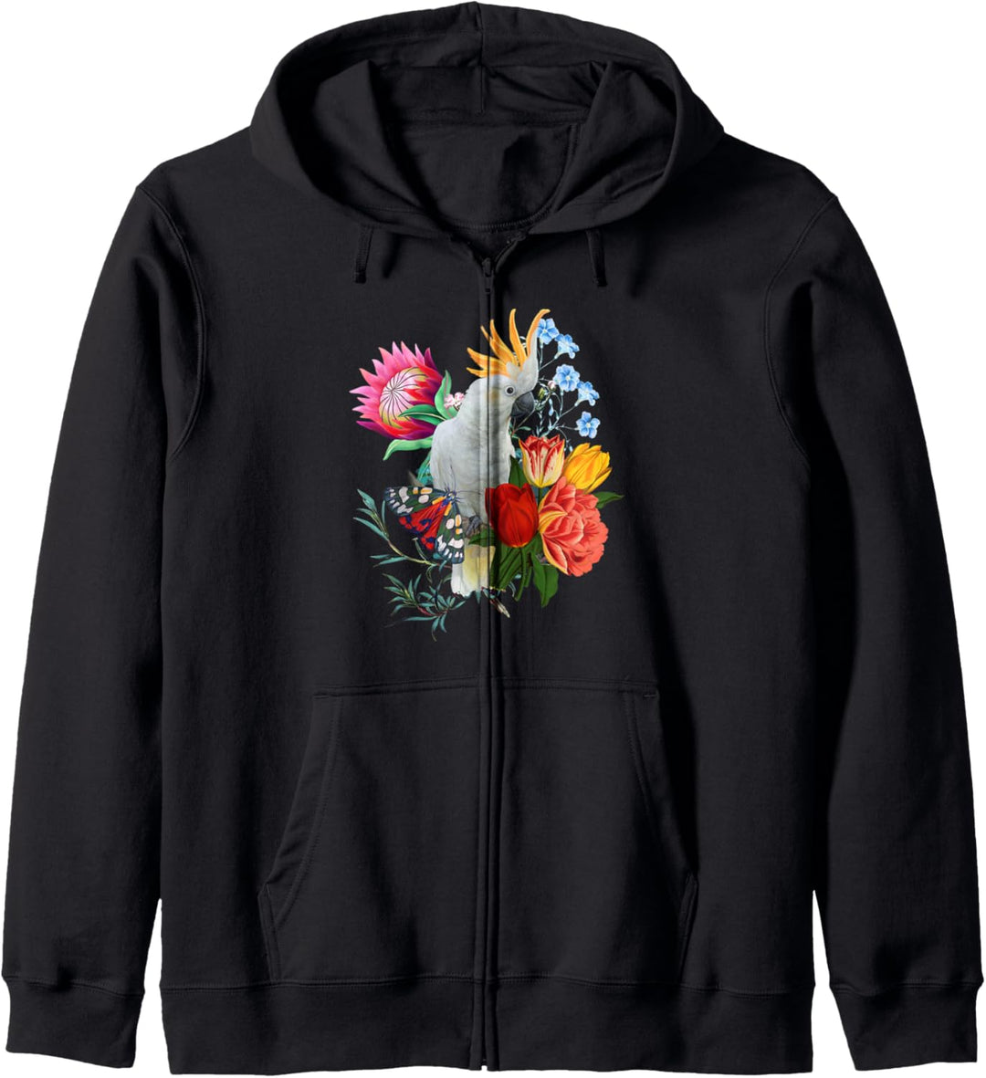 Weisser Kakadu mit Blumen und Schmetterling. Kapuzenjacke