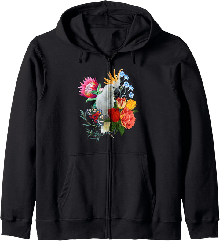 Weisser Kakadu mit Blumen und Schmetterling. Kapuzenjacke