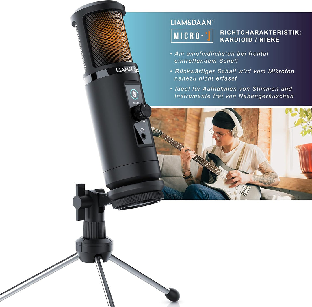 CSL - USB Mikrofon Kondensatormikrofon - PC Mikrofon mit Monitorfunktion – 192 kHz - Mikrofonständer