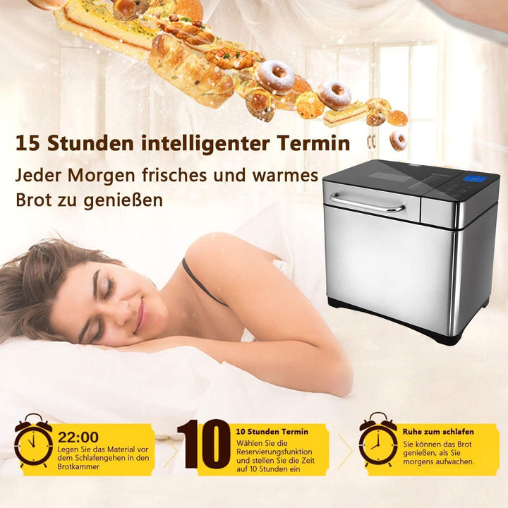 Brotbackautomat 710W Backmeister mit Automatische Zutatenbox, 19 Programme, Edelstahl Bread Maker Vo
