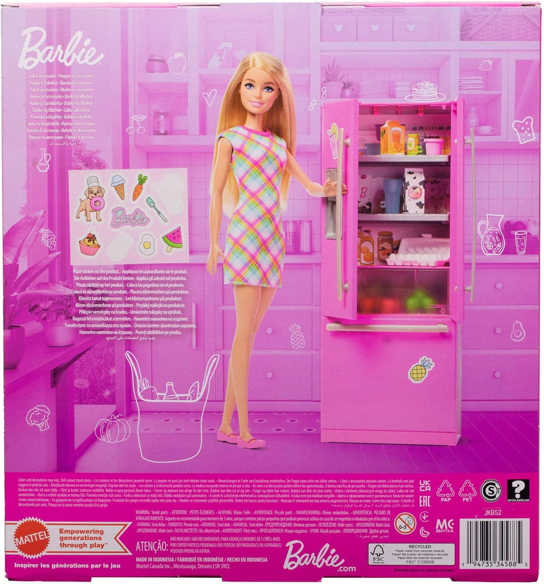Barbie-Puppe und Küche Spielset mit Kühlschrank und 10 Zubehörteilen, darunter Essen und Aufkleberbo