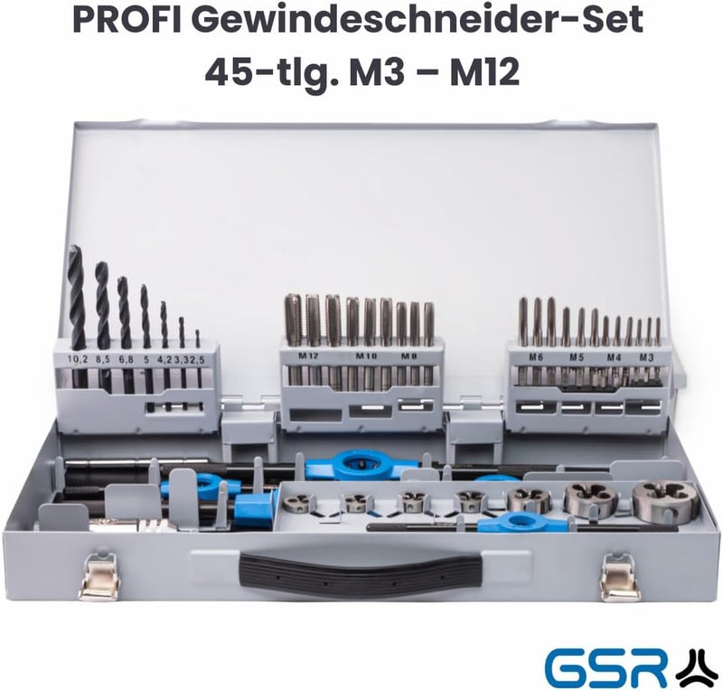 GSR PROFI Gewindeschneidsortiment, 45-teilig, Gewindeschneidsatz metrisch, Geschwindeschneider Set H