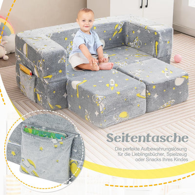 DREAMADE 4-in-1 Kindersofa ausklappbar, Kindersessel aus Samtstoff mit leuchtenden Mustern, abnehmba