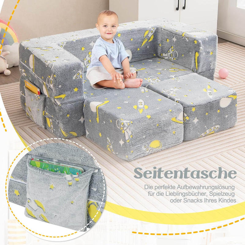 DREAMADE 4-in-1 Kindersofa ausklappbar, Kindersessel aus Samtstoff mit leuchtenden Mustern, abnehmba