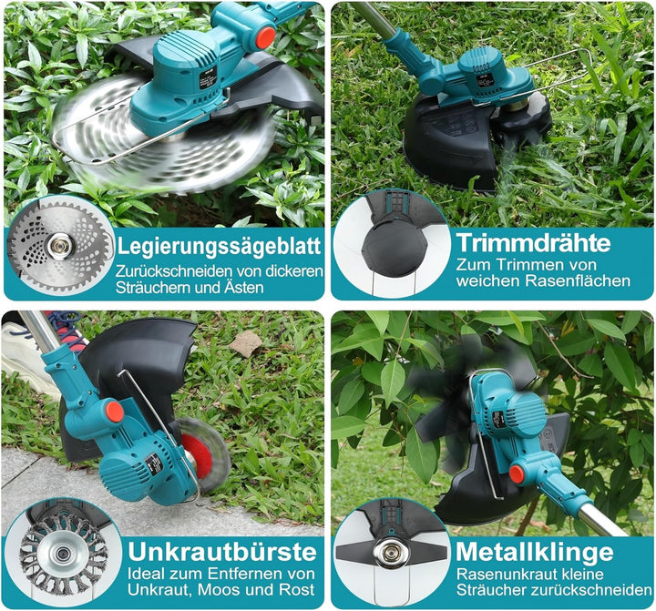 21V Rasentrimmer mit Akku for Makita, Rasentrimmer mit Unkrautbürste. 750w Bürstenloser Motor, 180°