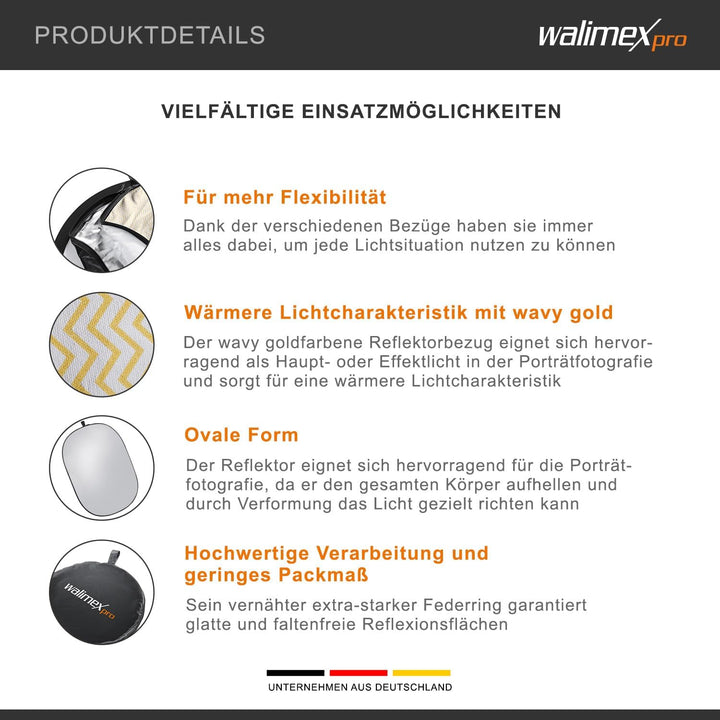 Walimex Pro 5-in-1 Faltreflektor-Set (102 x 168 cm) wavy gold/silber/weiss/schwarz/transparent (inkl