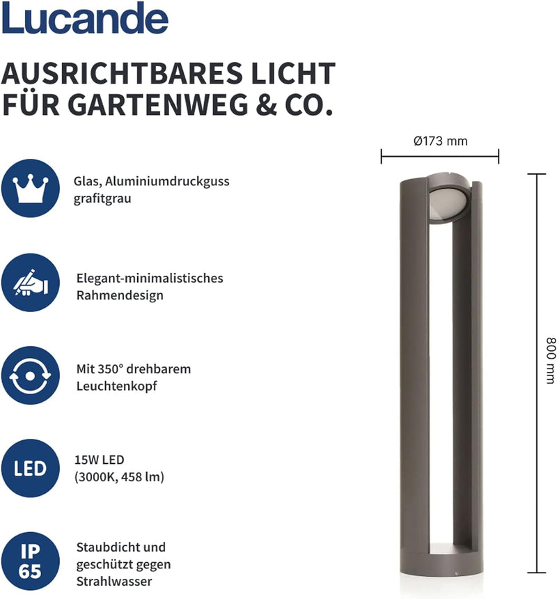 Lucande LED Wegeleuchte/Pollerleuchte 80 cm, Aussenleuchte drehbarer Leuchtkopf, strahlwassergeschüt