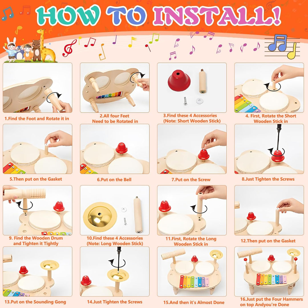 10-in-1 Holz-Musikinstrumente Set – Kinderschlagzeug | Montessori Lernspielzeug mit Xylophon,Trommel
