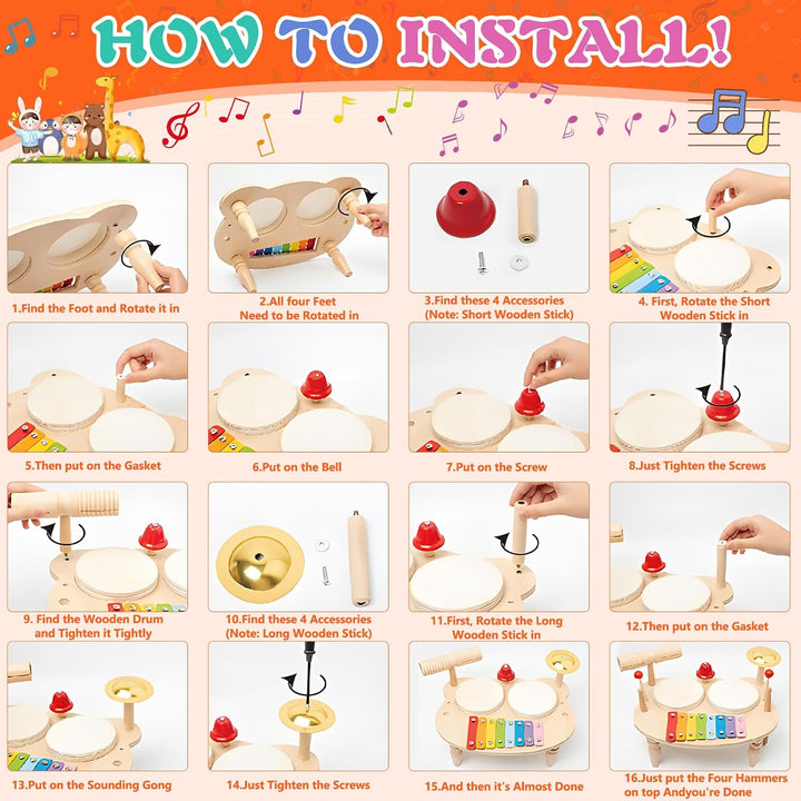 10-in-1 Holz-Musikinstrumente Set – Kinderschlagzeug | Montessori Lernspielzeug mit Xylophon,Trommel