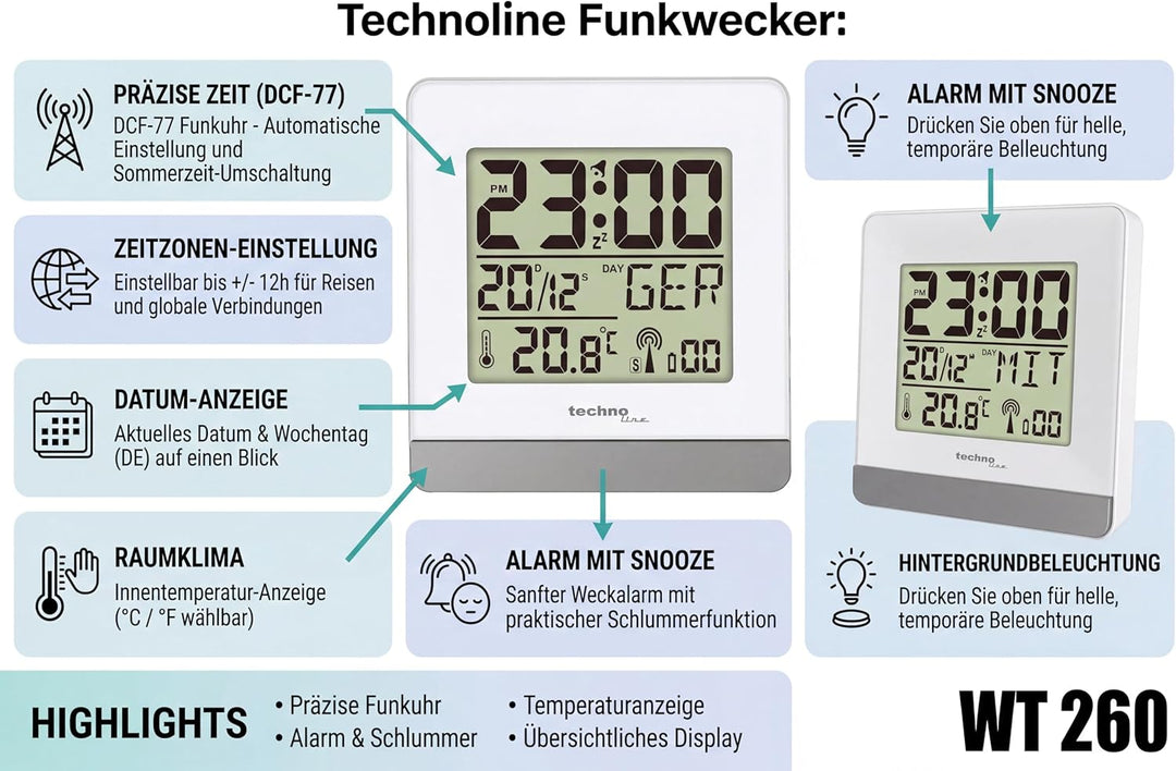 Technoline Funkwecker mit Temperaturanzeige, Weiss, 79 x 79 x 30 mm WT260 weiss, WT260 weiss