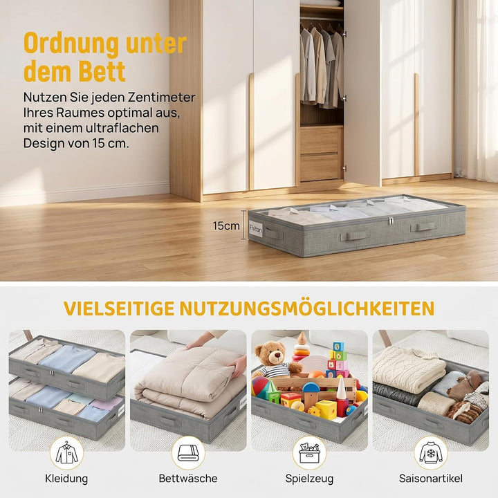 3 Stück Unterbett Aufbewahrungsbox, 75L Flache Box Reissverschluss Faltbarer | Unterbettboxen aus Le
