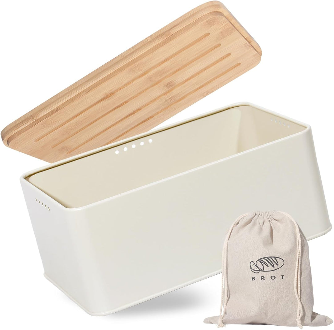 Theo&Cleo Brotkasten mit Schneidebrett , 33x21x15cm , Matte Brotbox mit Bambusdeckel und Leinen Brot