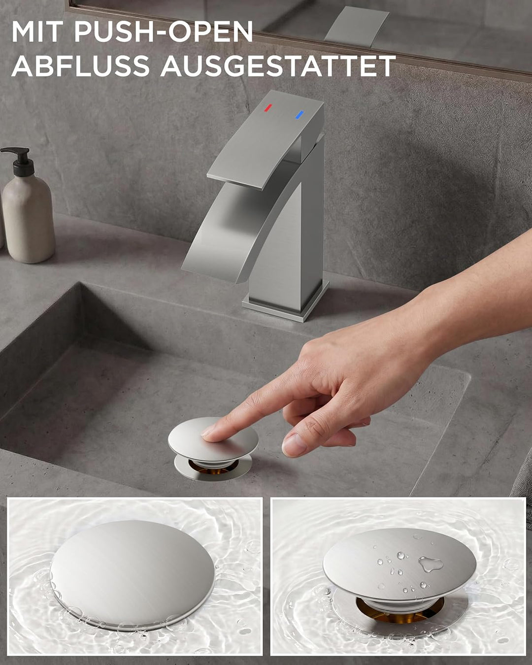 FORIOUS Wasserhahn Bad mit Ablaufgarnitur, Wasserfall Waschtischarmatur mit Auslauf Höhe 100 mm, Mis