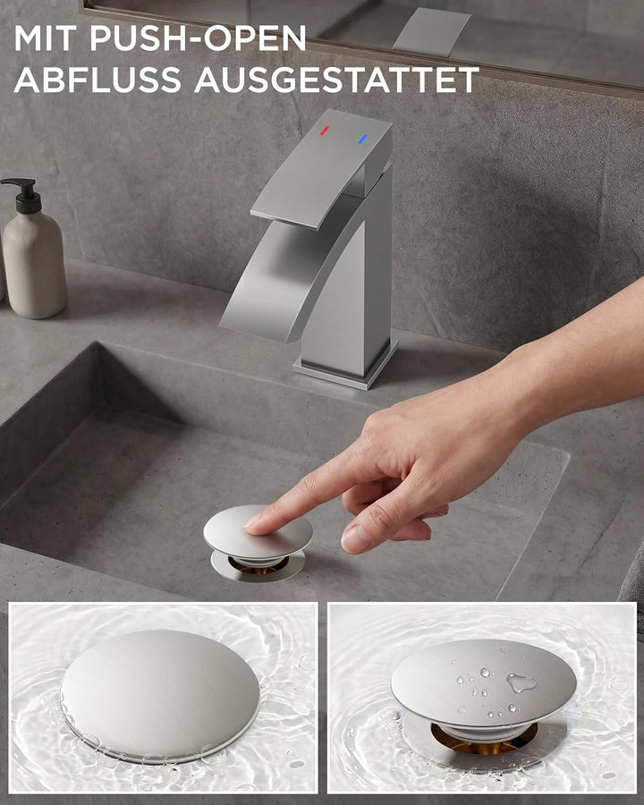 FORIOUS Wasserhahn Bad mit Ablaufgarnitur, Wasserfall Waschtischarmatur mit Auslauf Höhe 100 mm, Mis